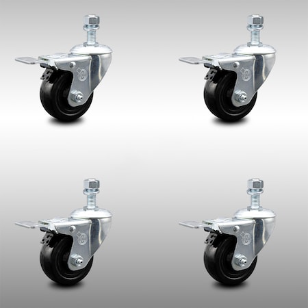 Service Caster 3 Inch SS Hard Rubber Swivel 10mm Threaded Stem Caster Set Total Lock Brake SCC-SSTSTTL20S314-HRS-M1015-4
